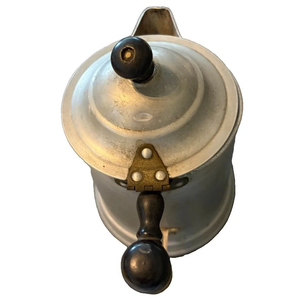 Vintage Aluminum Coffee Pot Hinged Lid Black Handle Strainer Spout Primitive